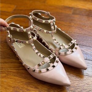 Valentino Rockstud Ankle Strap Flats | Blush Pink | Size EU 40 | Authenti
